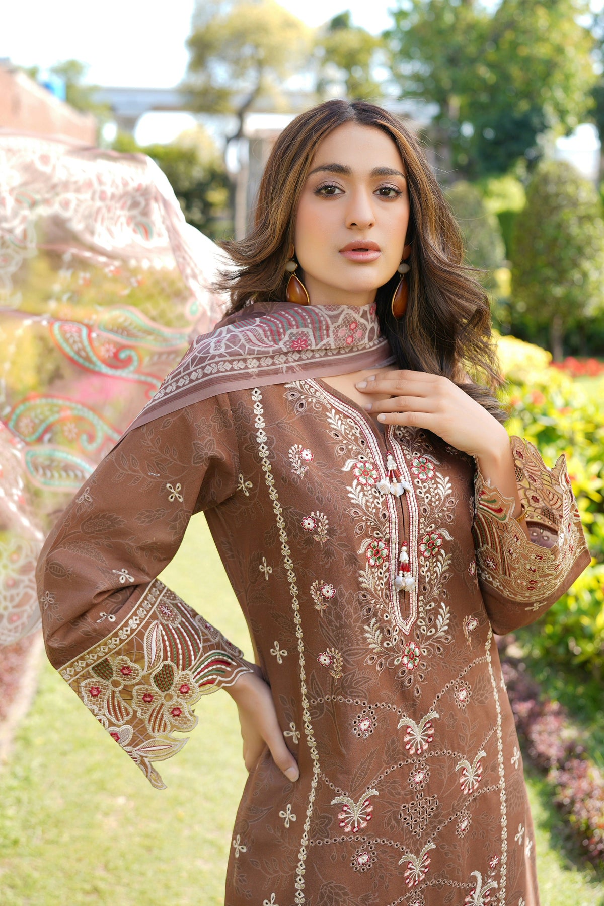 3 Piece Embroidered Chestnut Brown Suite