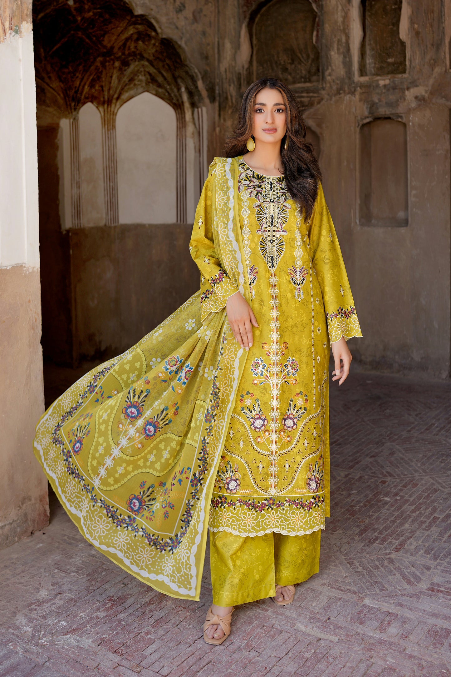 3 Piece Embroidered Mustard Cotton Suit