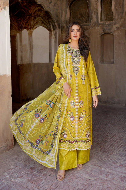 3 Piece Embroidered Mustard Cotton Suit