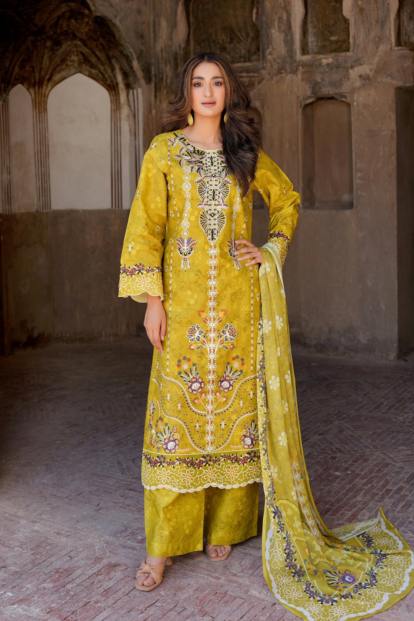 3 Piece Embroidered Mustard Cotton Suit