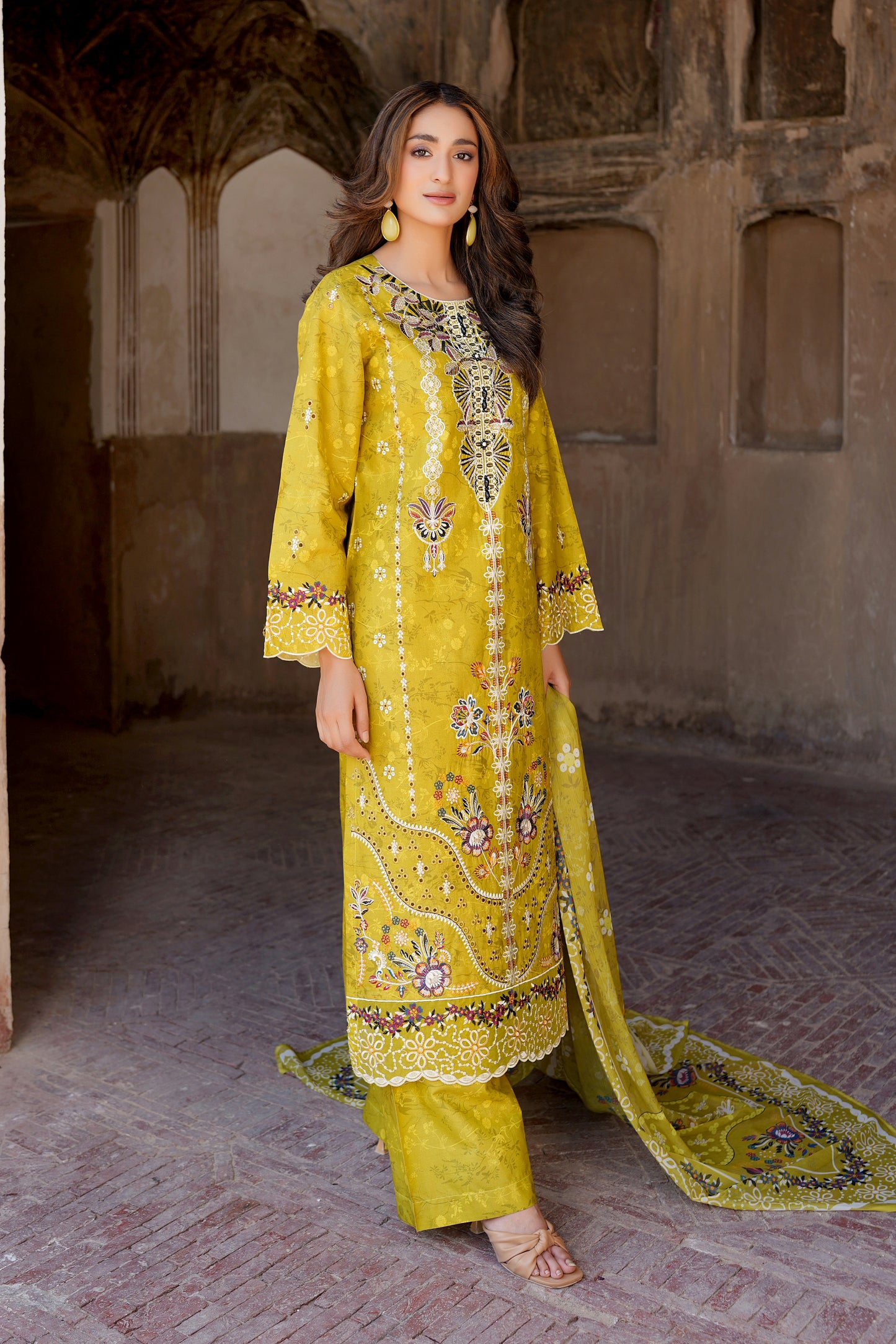 3 Piece Embroidered Mustard Cotton Suit