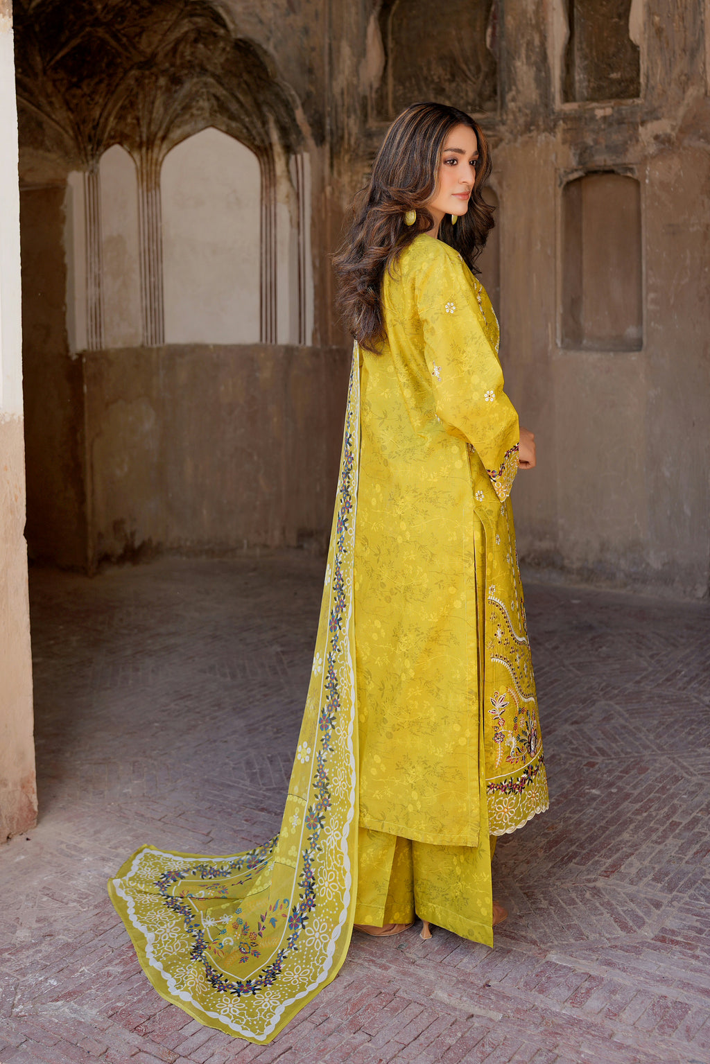 3 Piece Embroidered Mustard Cotton Suit