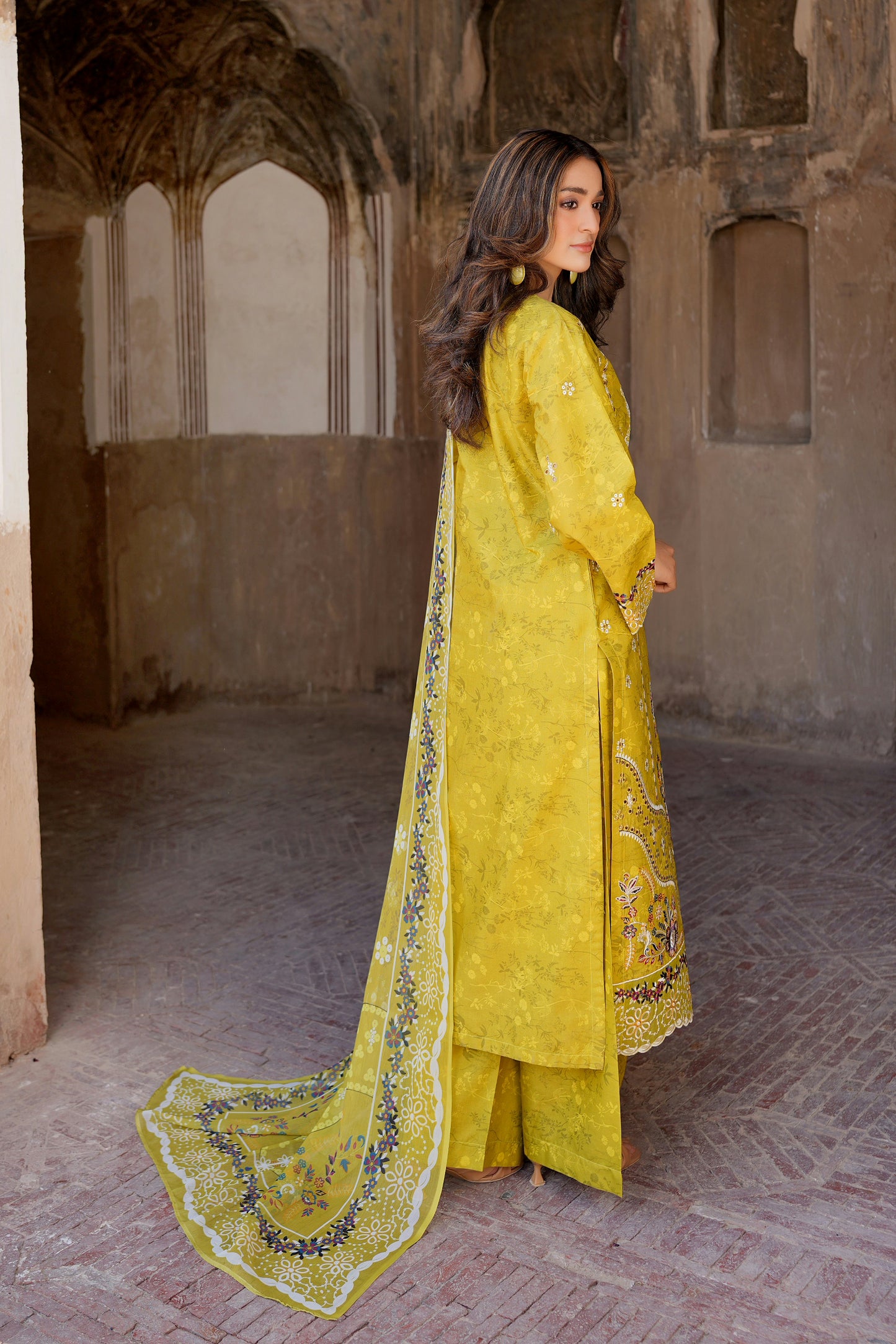 3 Piece Embroidered Mustard Cotton Suit