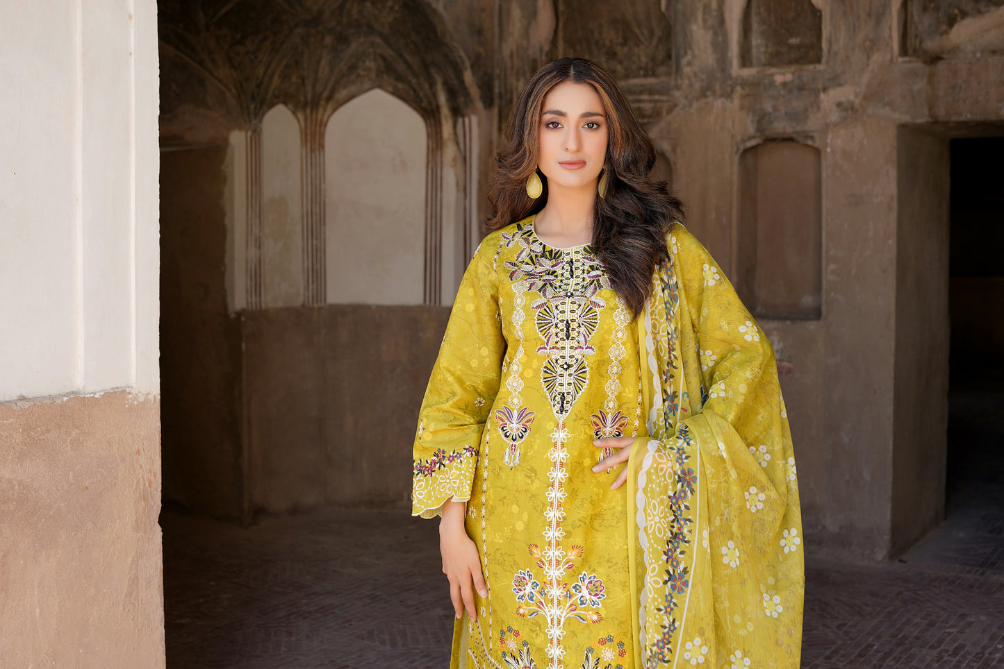 3 Piece Embroidered Mustard Cotton Suit