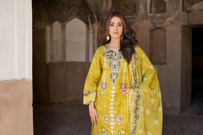 3 Piece Embroidered Mustard Cotton Suit
