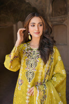 3 Piece Embroidered Mustard Cotton Suit