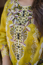 3 Piece Embroidered Mustard Cotton Suit