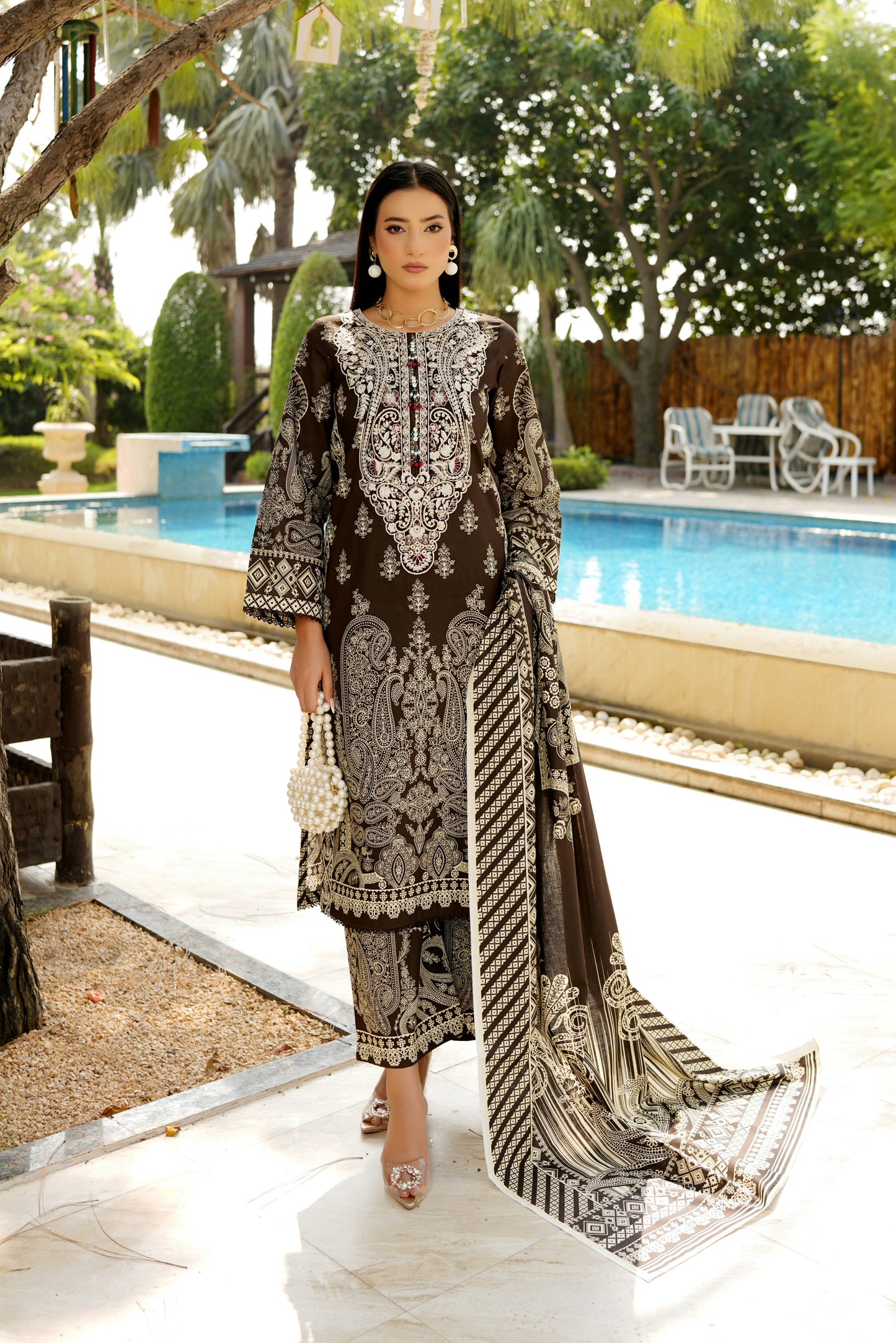 Stitched 3 Piece Cambric Cotton Suit-Embroidered