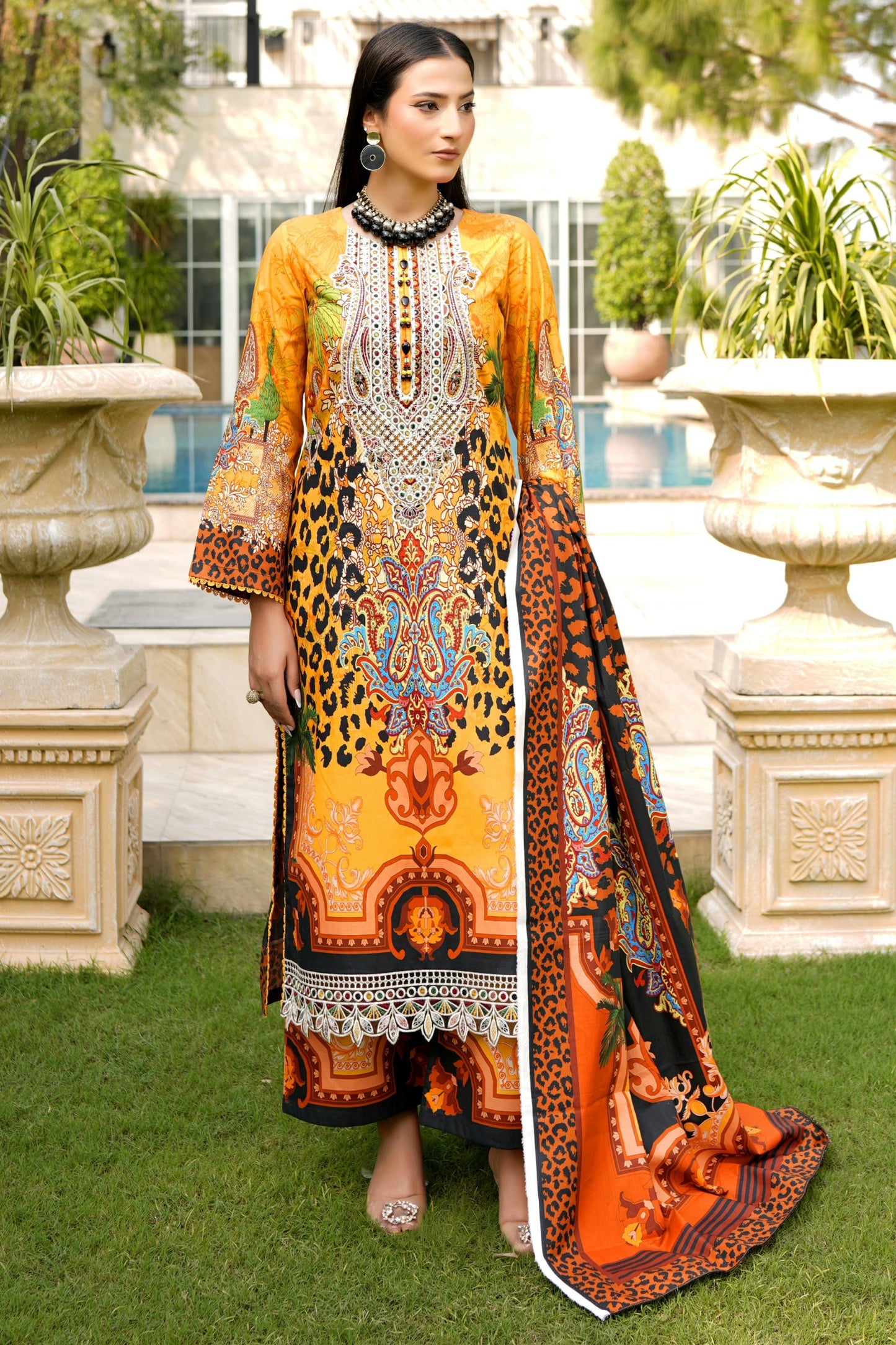 Stitched 3 Piece Cambric Cotton Suit-Embroidered