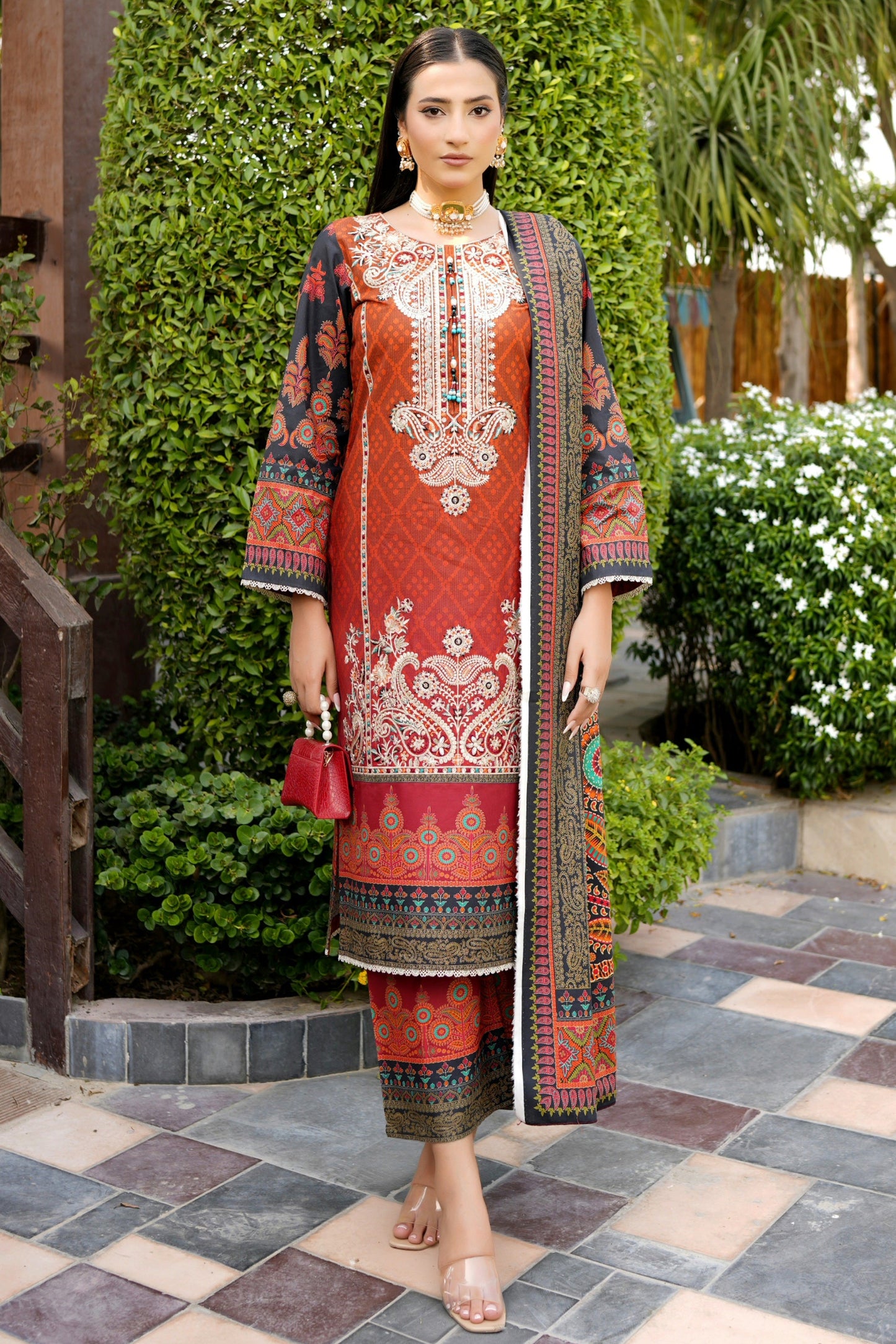 Stitched 3 Piece Cambric Cotton Suit-Embroidered
