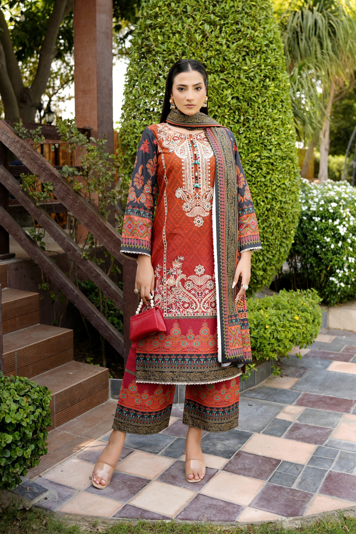 Stitched 3 Piece Cambric Cotton Suit-Embroidered
