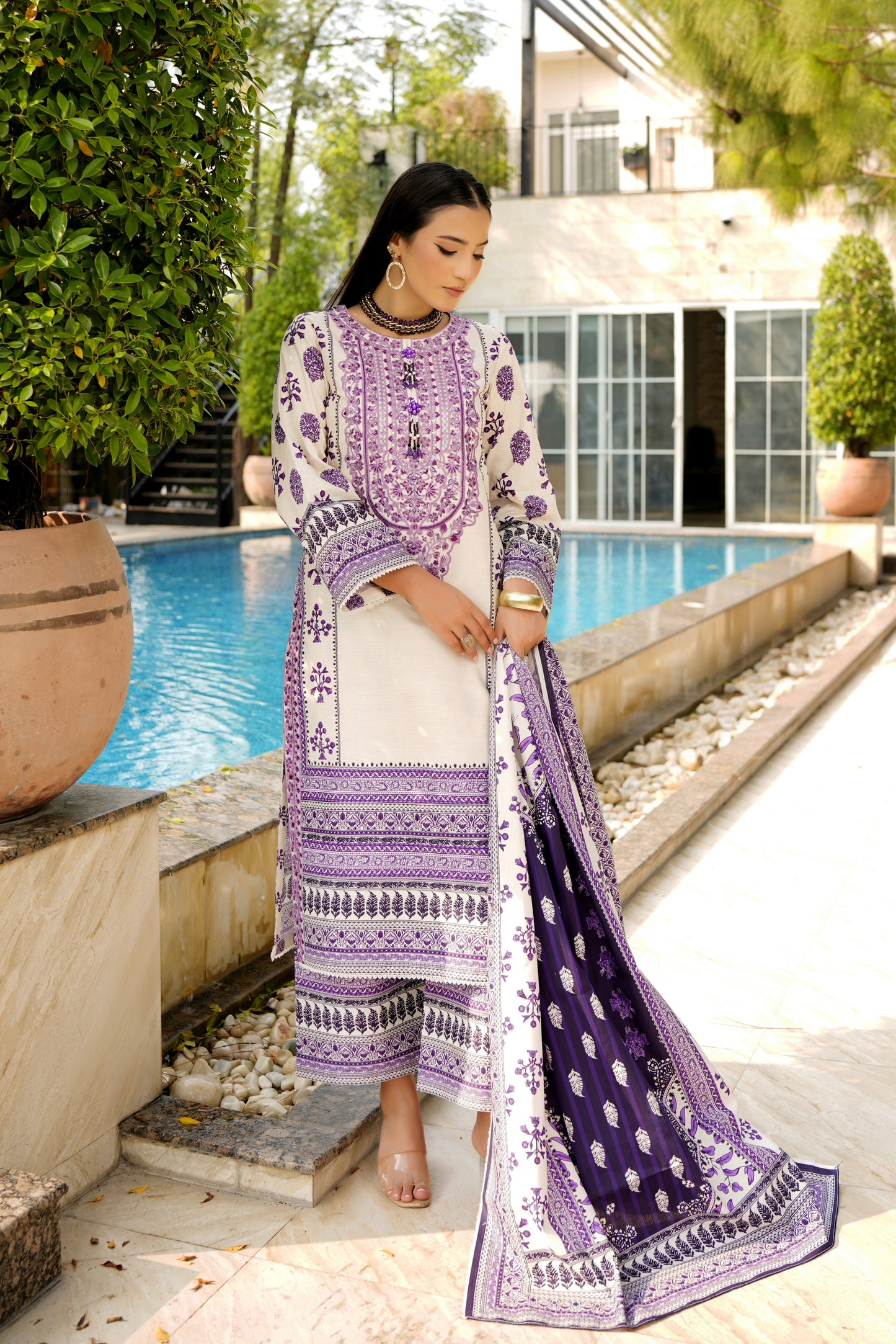 Stitched 3 Piece Cambric Cotton Suit-Embroidered