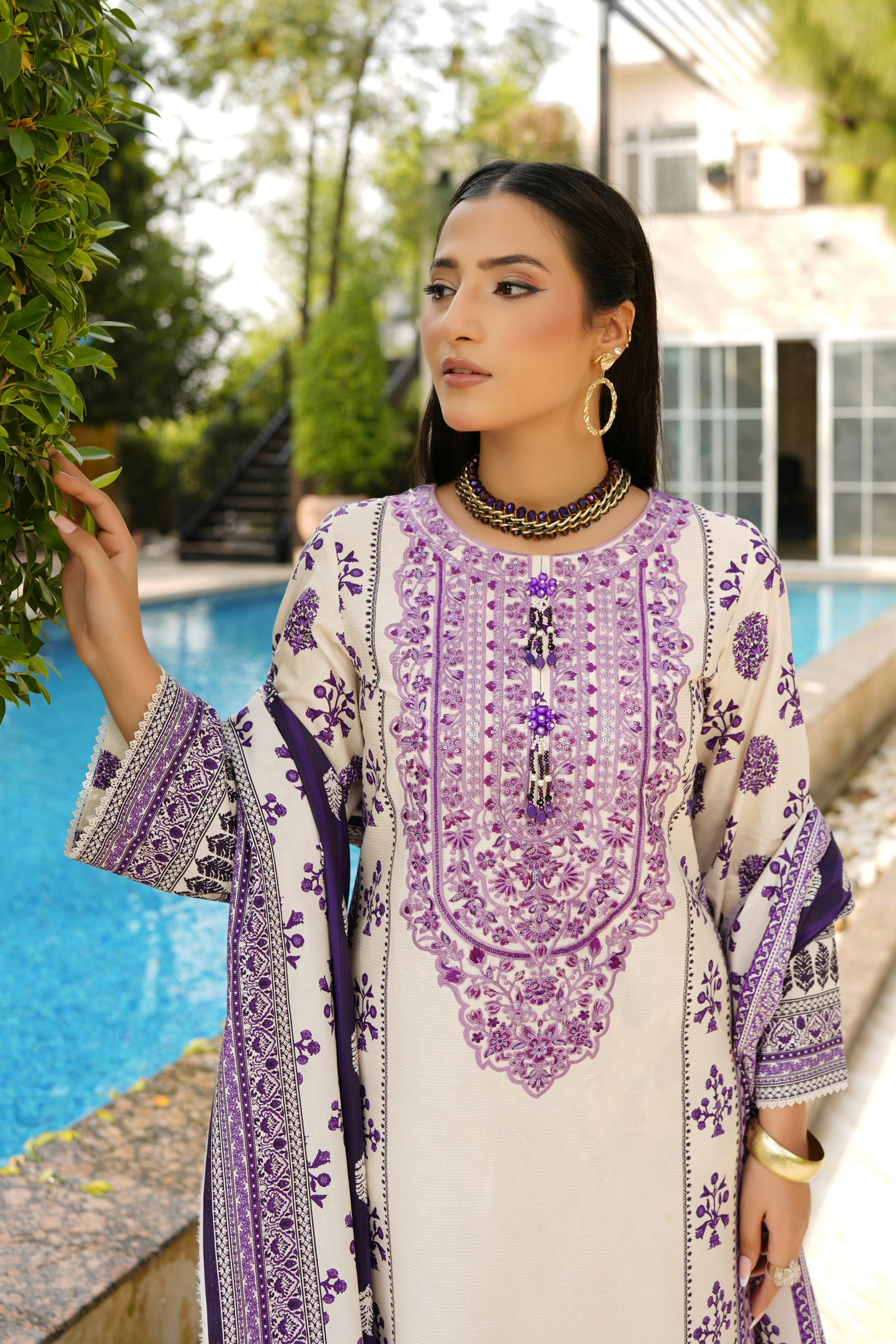 Stitched 3 Piece Cambric Cotton Suit-Embroidered