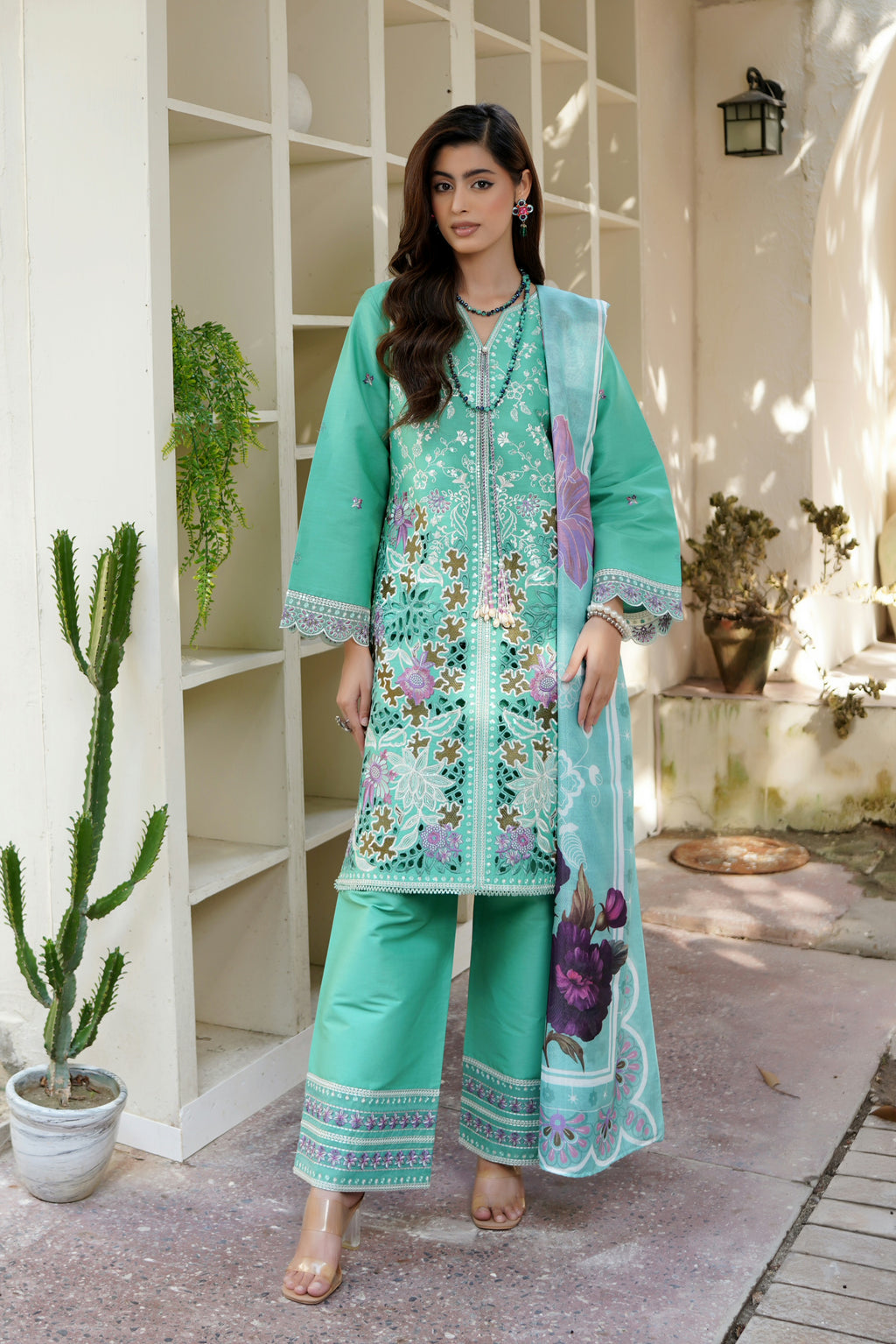 Mint Floral 3 Piece Suit-Embroidered