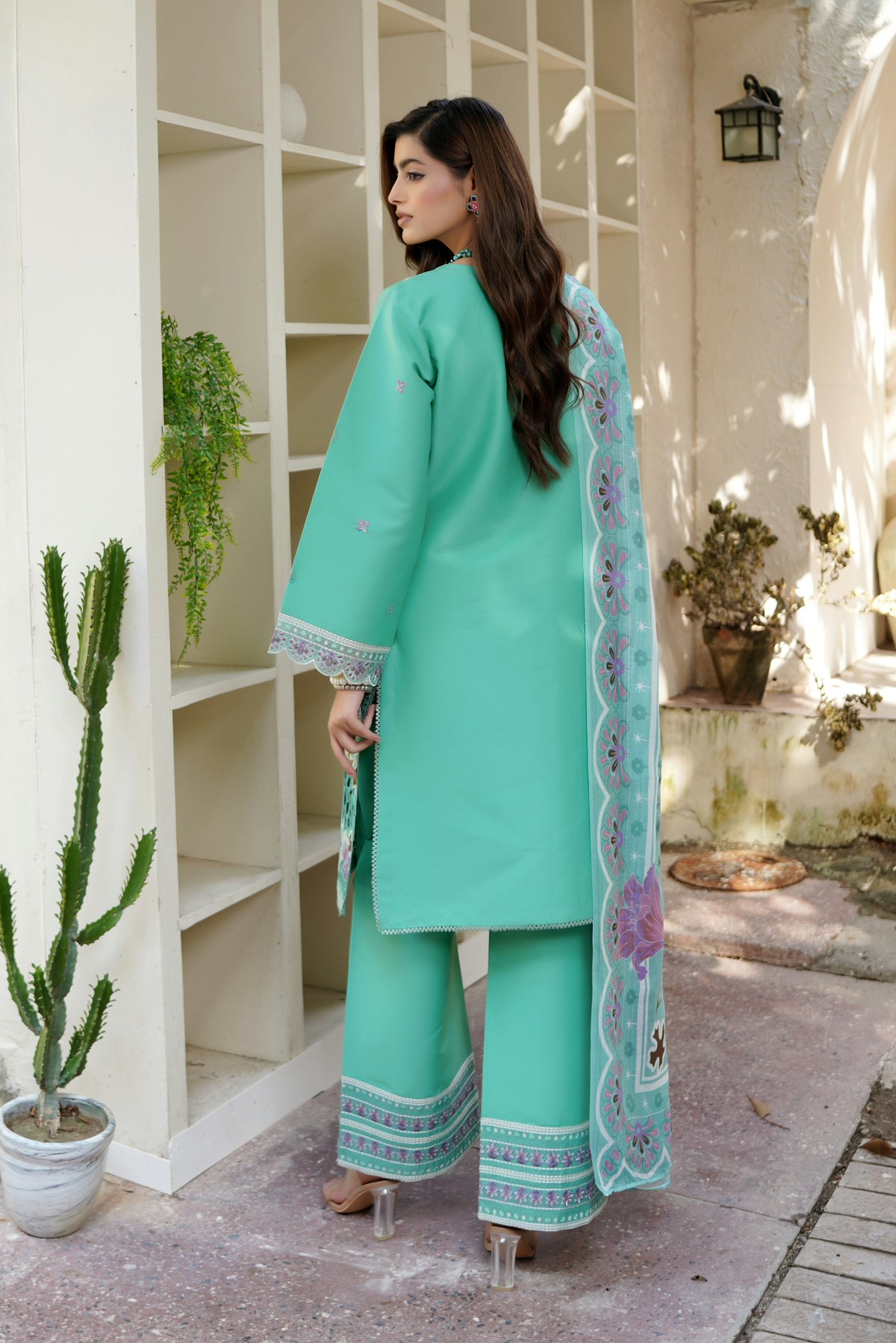 Mint Floral 3 Piece Suit-Embroidered