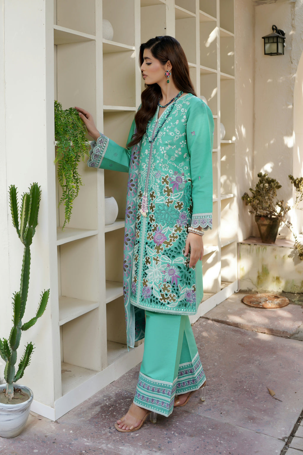 Mint Floral 3 Piece Suit-Embroidered