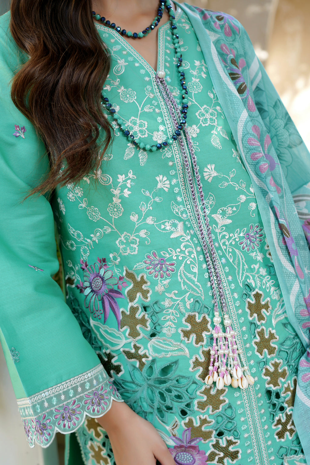 Mint Floral 3 Piece Suit-Embroidered