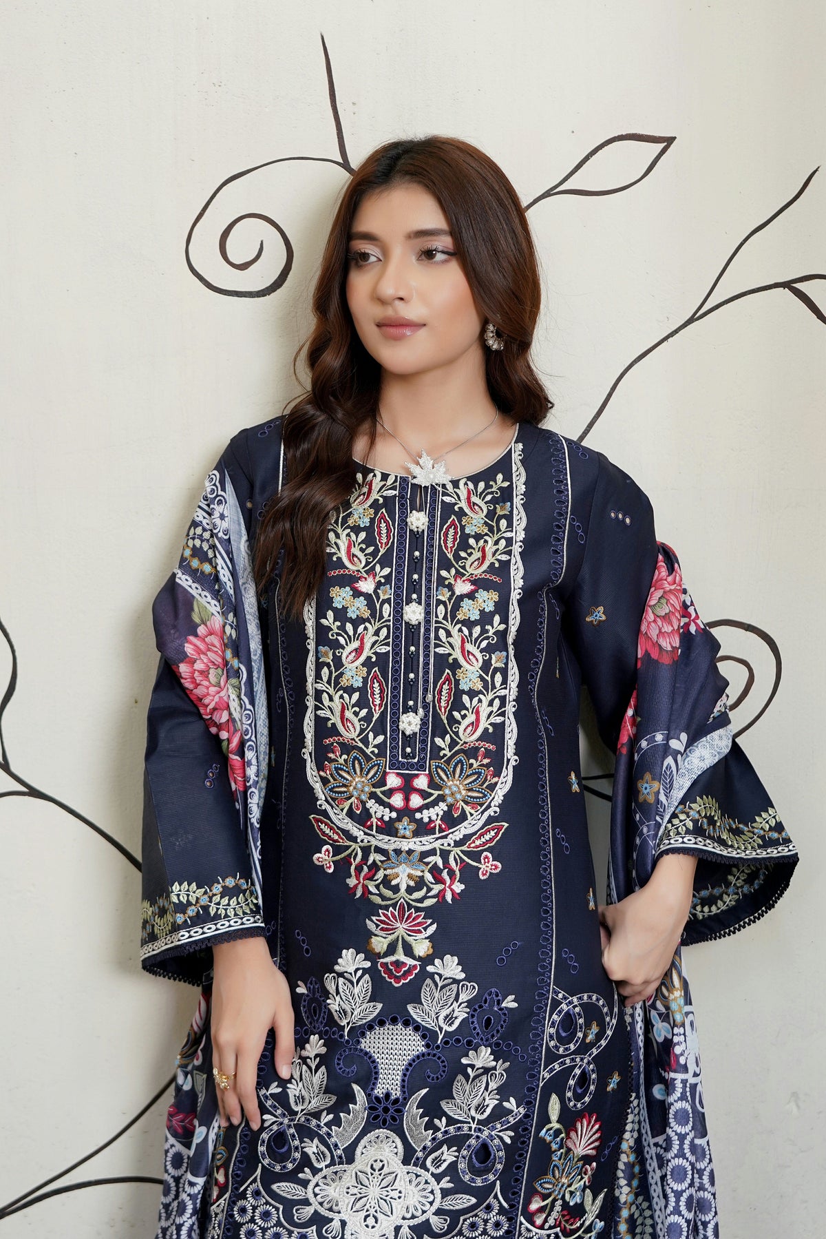 Midnight Blue Embroidered 3 Piece Suite