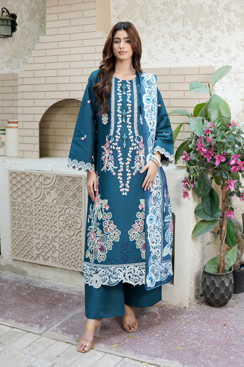 Embroidered 3 Piece Teal Flora Suit