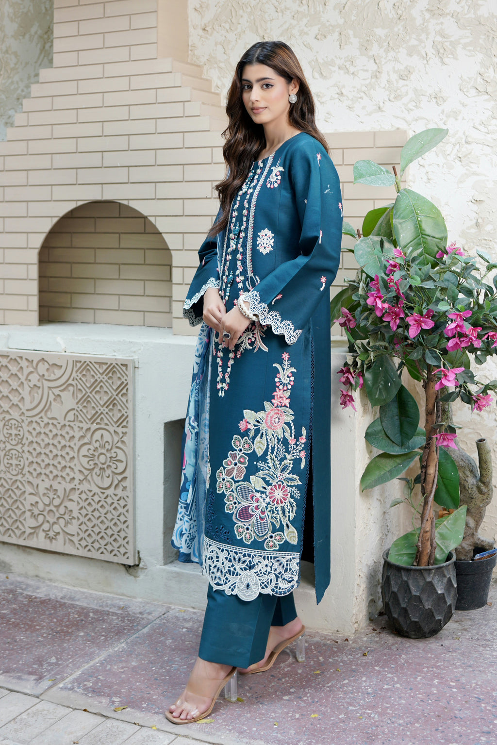 Embroidered 3 Piece Teal Flora Suit