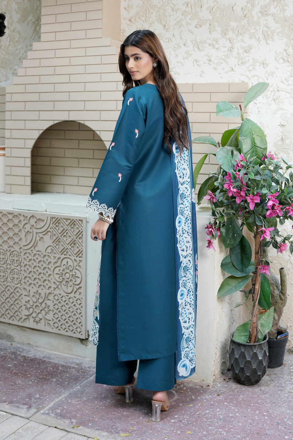 Embroidered 3 Piece Teal Flora Suit