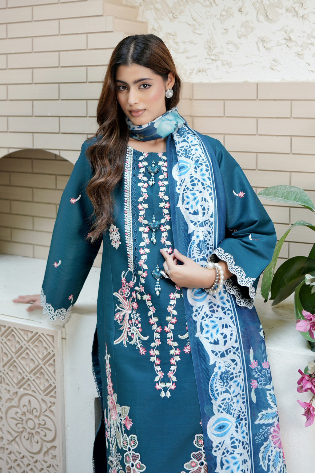 Embroidered 3 Piece Teal Flora Suit