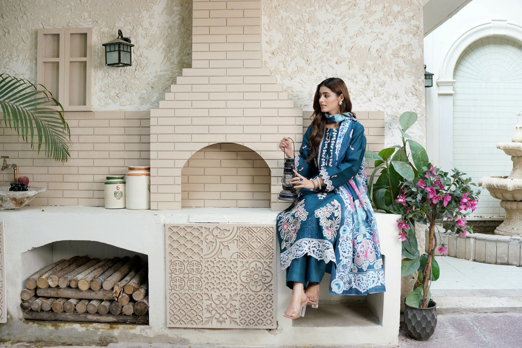 Embroidered 3 Piece Teal Flora Suit