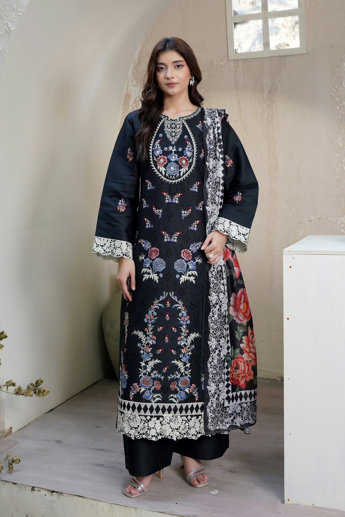 3 Piece Black Floral Heritage Suit-Embroidered