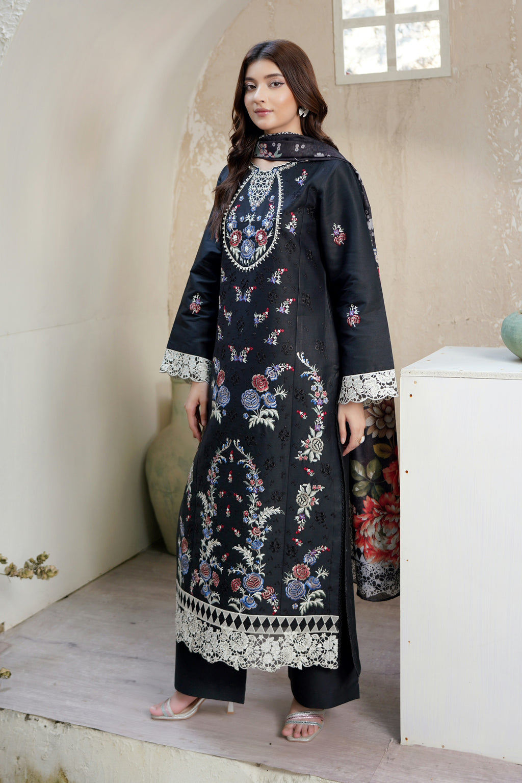3 Piece Black Floral Heritage Suit-Embroidered