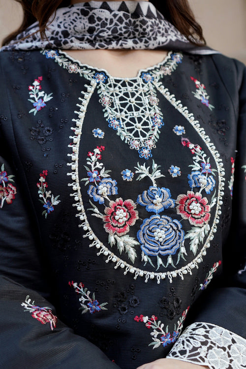 3 Piece Black Floral Heritage Suit-Embroidered