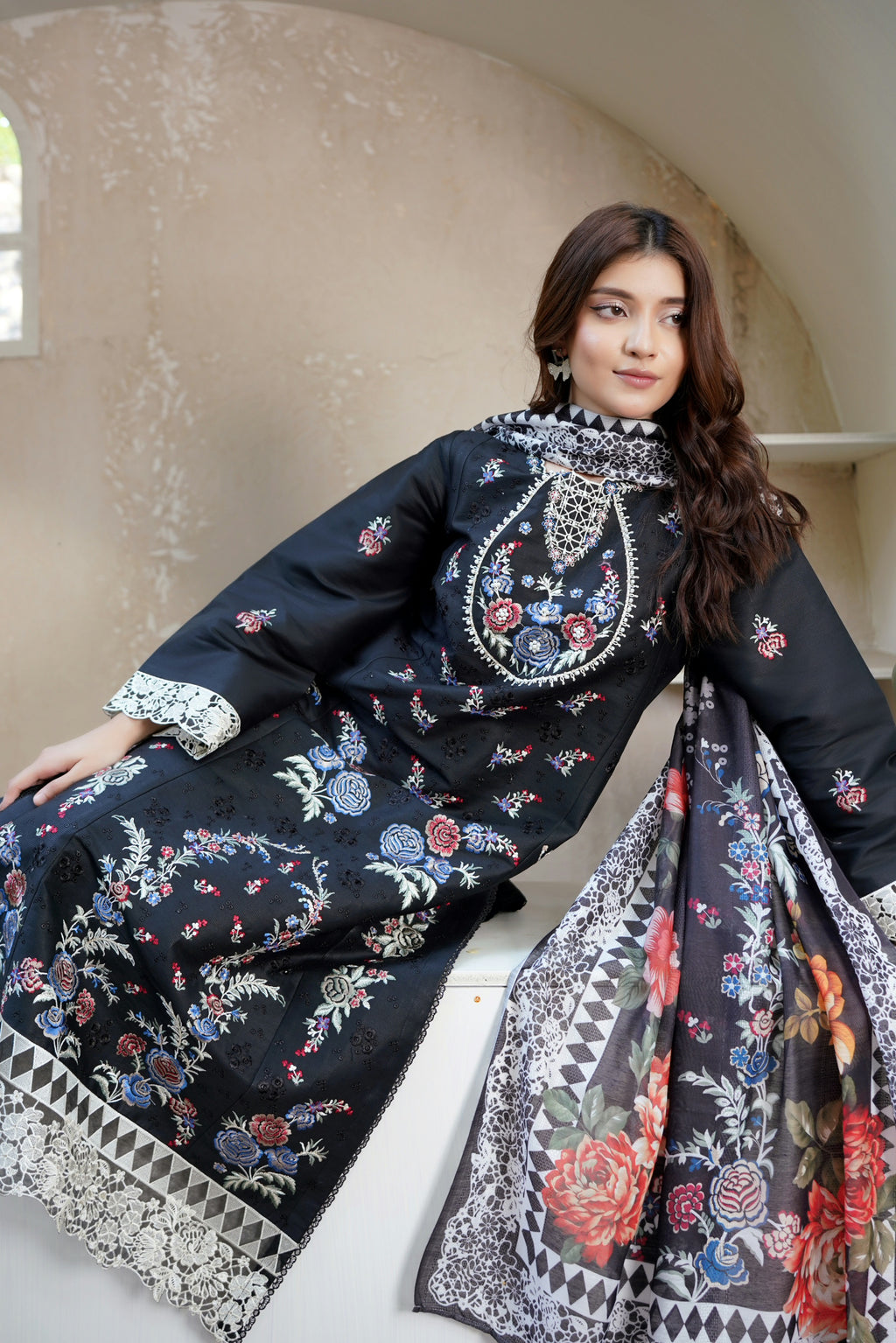 3 Piece Black Floral Heritage Suit-Embroidered