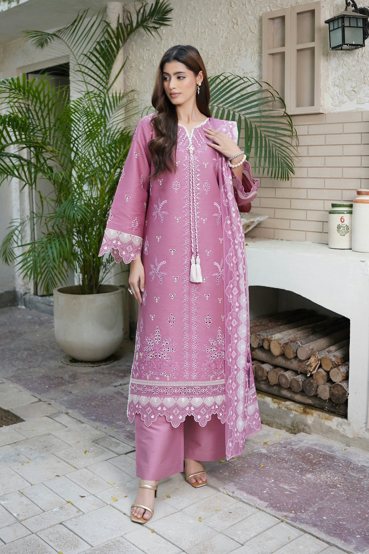 Mauve Rose Embroidered Winter 3 Piece Suit