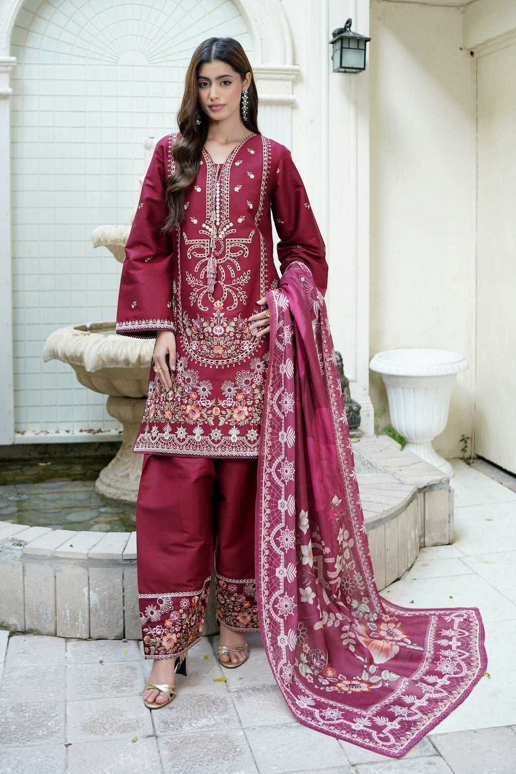 Embroidered 3 Piece Maroon Majesty Suit