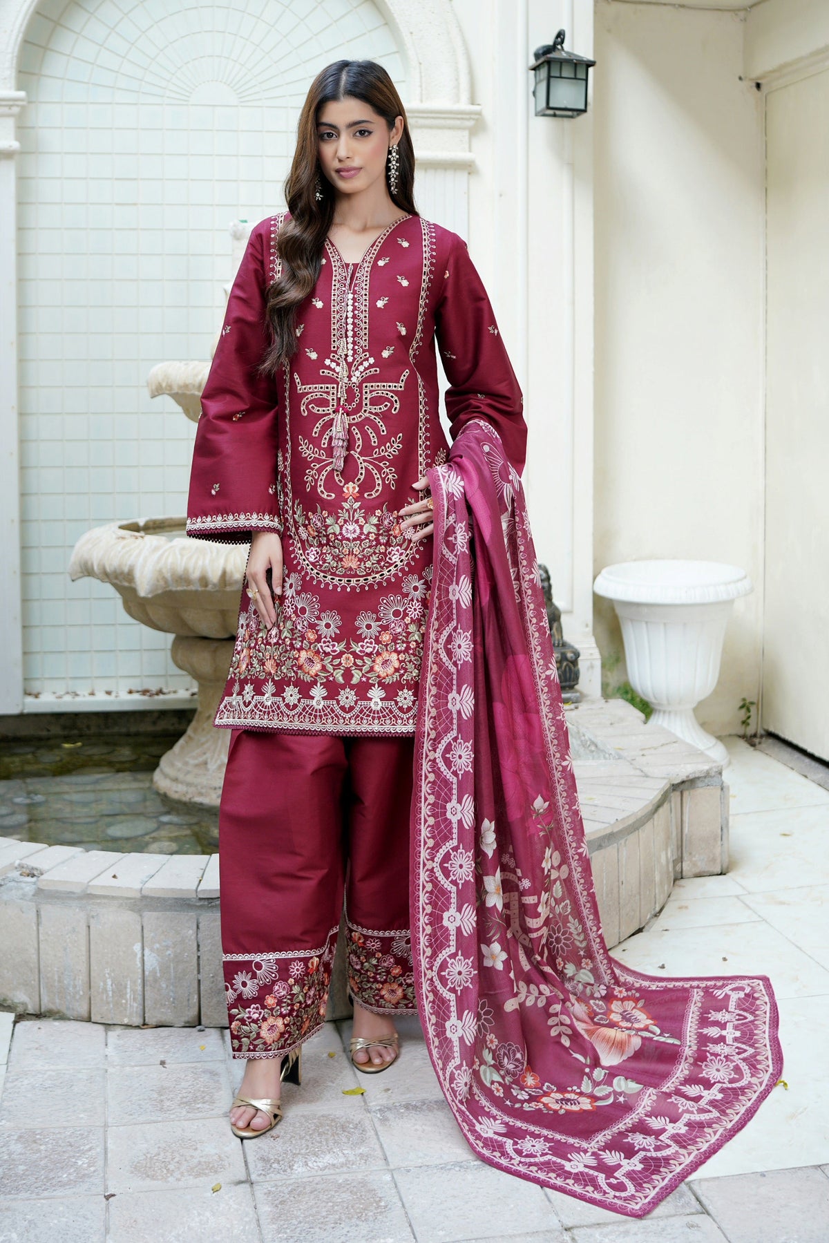 Embroidered 3 Piece Maroon Majesty Suit