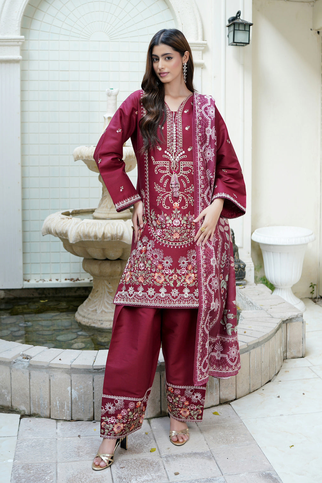 Embroidered 3 Piece Maroon Majesty Suit