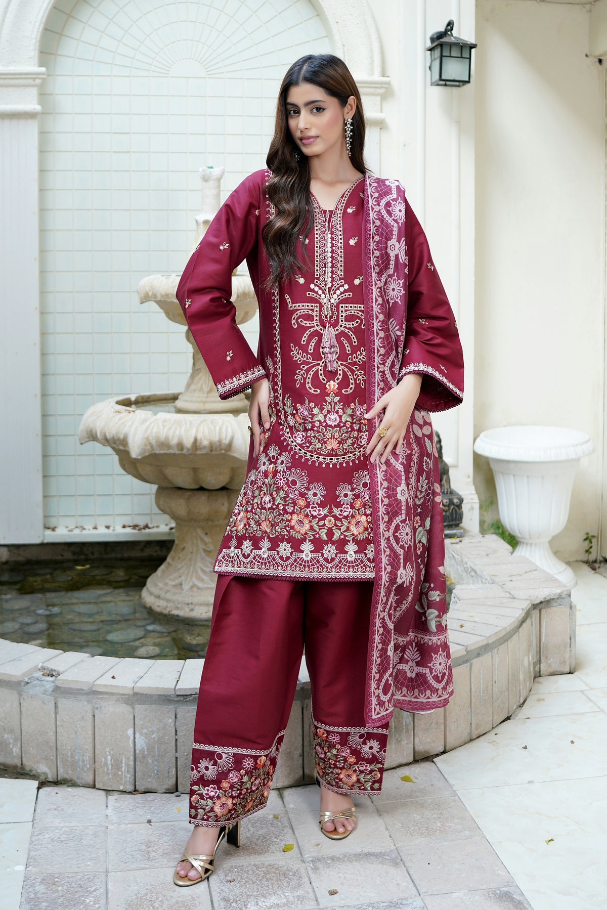 Embroidered 3 Piece Maroon Majesty Suit