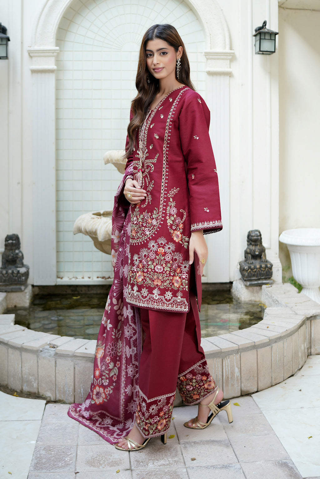 Embroidered 3 Piece Maroon Majesty Suit