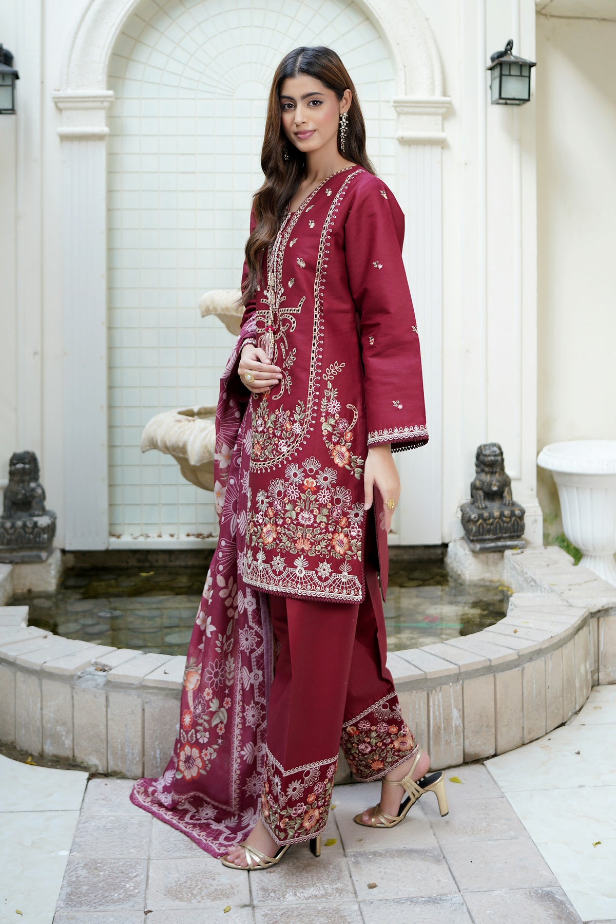 Embroidered 3 Piece Maroon Majesty Suit