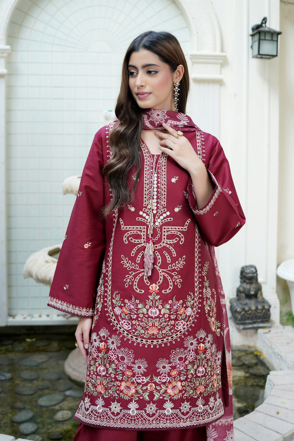 Embroidered 3 Piece Maroon Majesty Suit