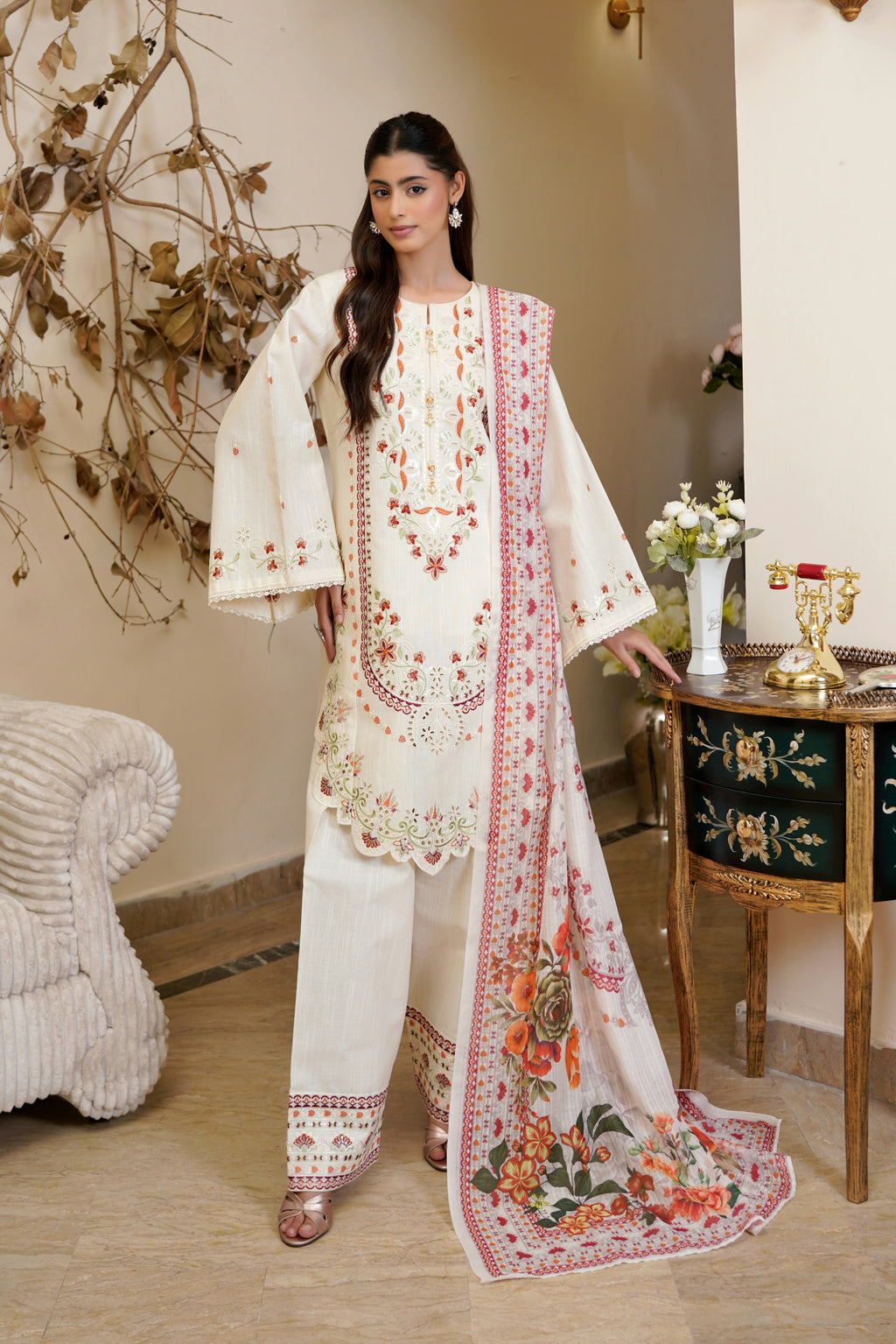 3 Piece Ivory Embroidered Khaddar Suite