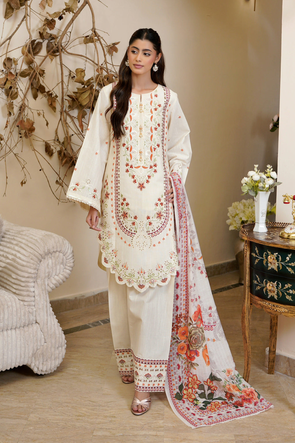 3 Piece Ivory Embroidered Khaddar Suite
