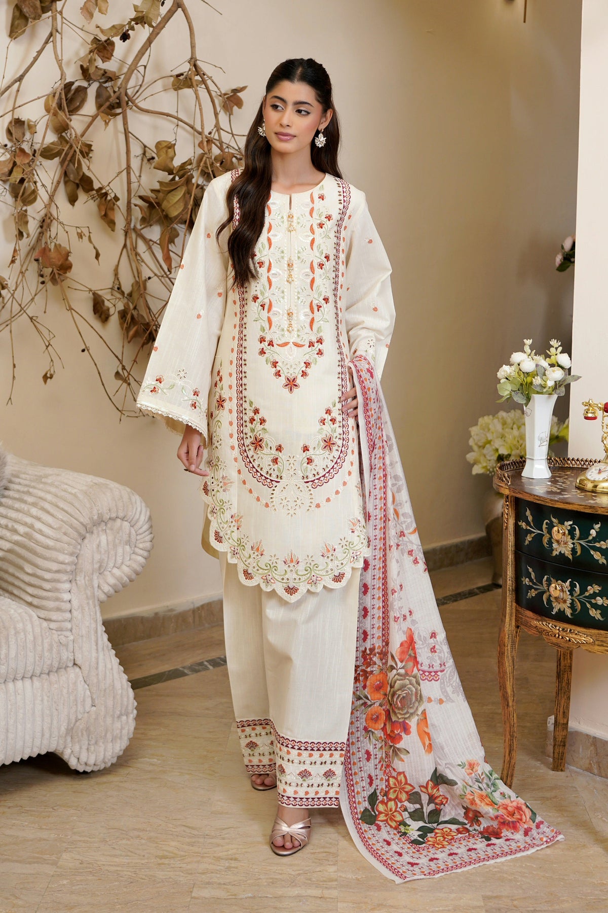 3 Piece Ivory Embroidered Khaddar Suite