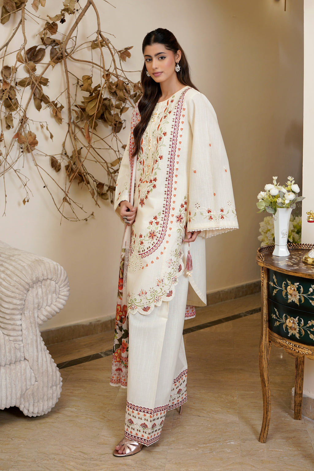3 Piece Ivory Embroidered Khaddar Suite
