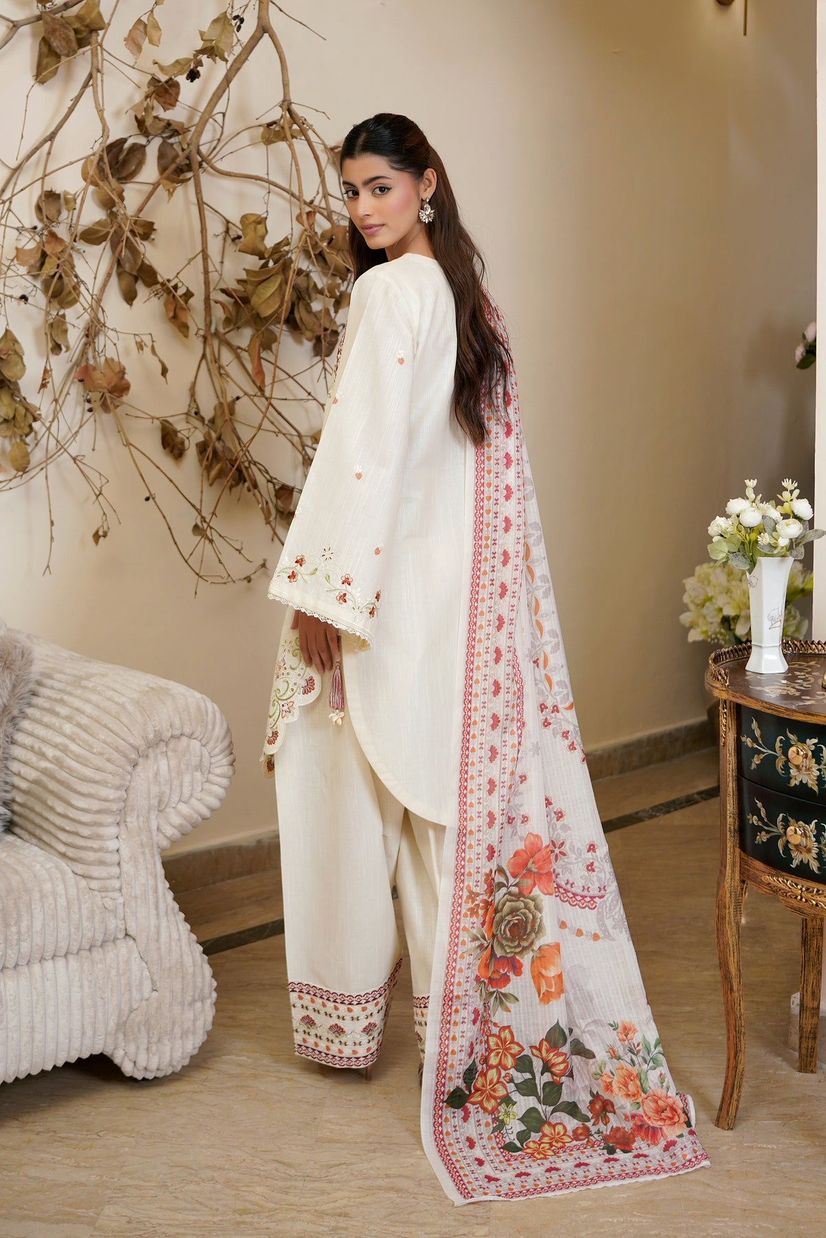 3 Piece Ivory Embroidered Khaddar Suite