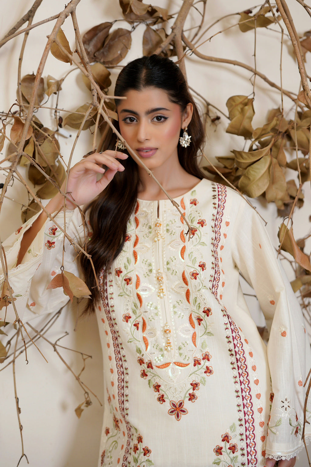 3 Piece Ivory Embroidered Khaddar Suite