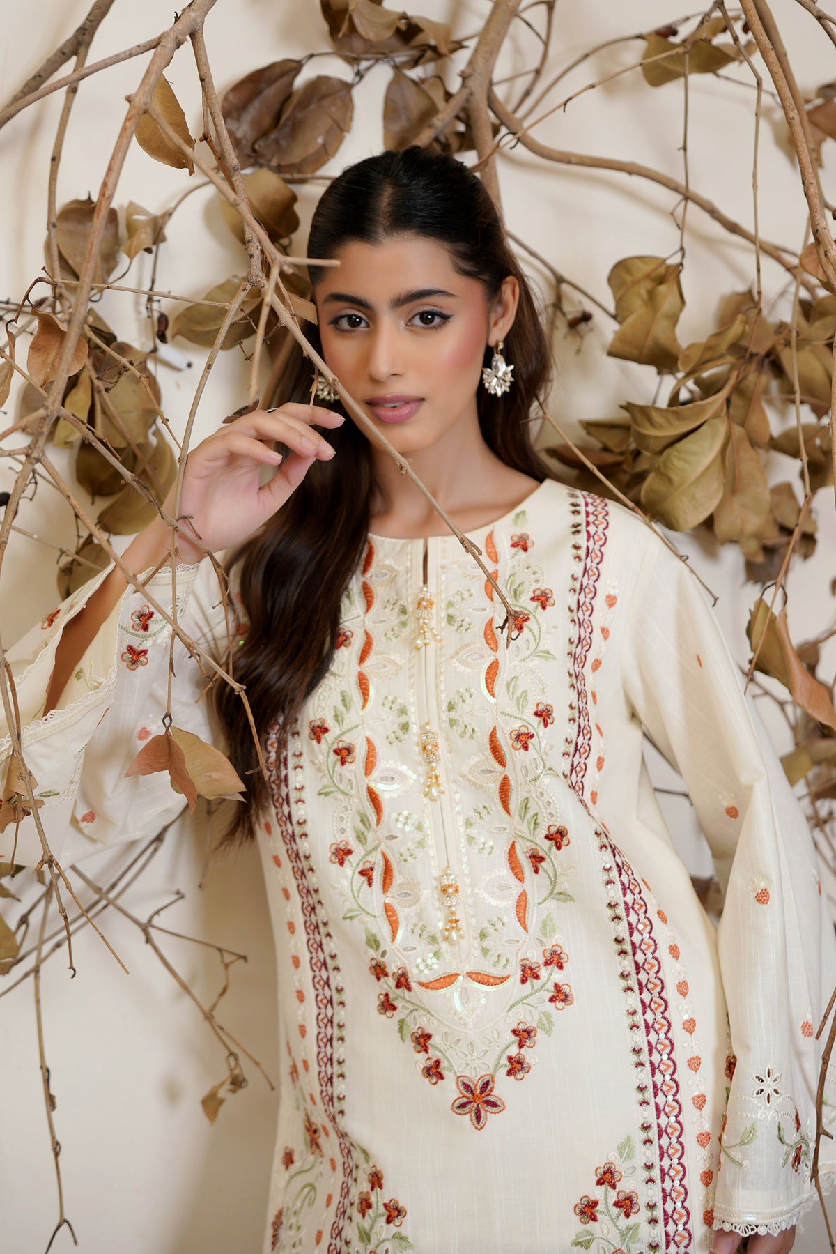 3 Piece Ivory Embroidered Khaddar Suite