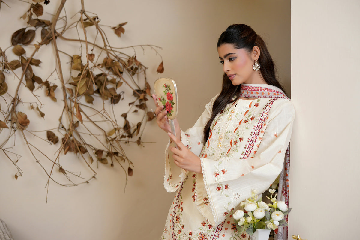 3 Piece Ivory Embroidered Khaddar Suite