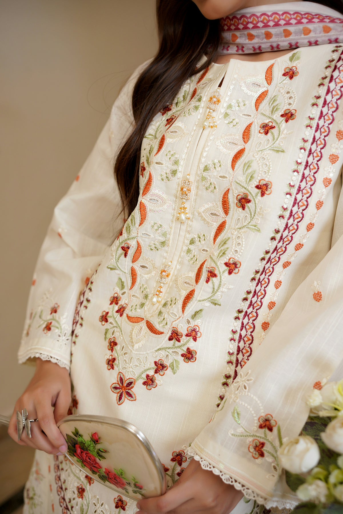 3 Piece Ivory Embroidered Khaddar Suite
