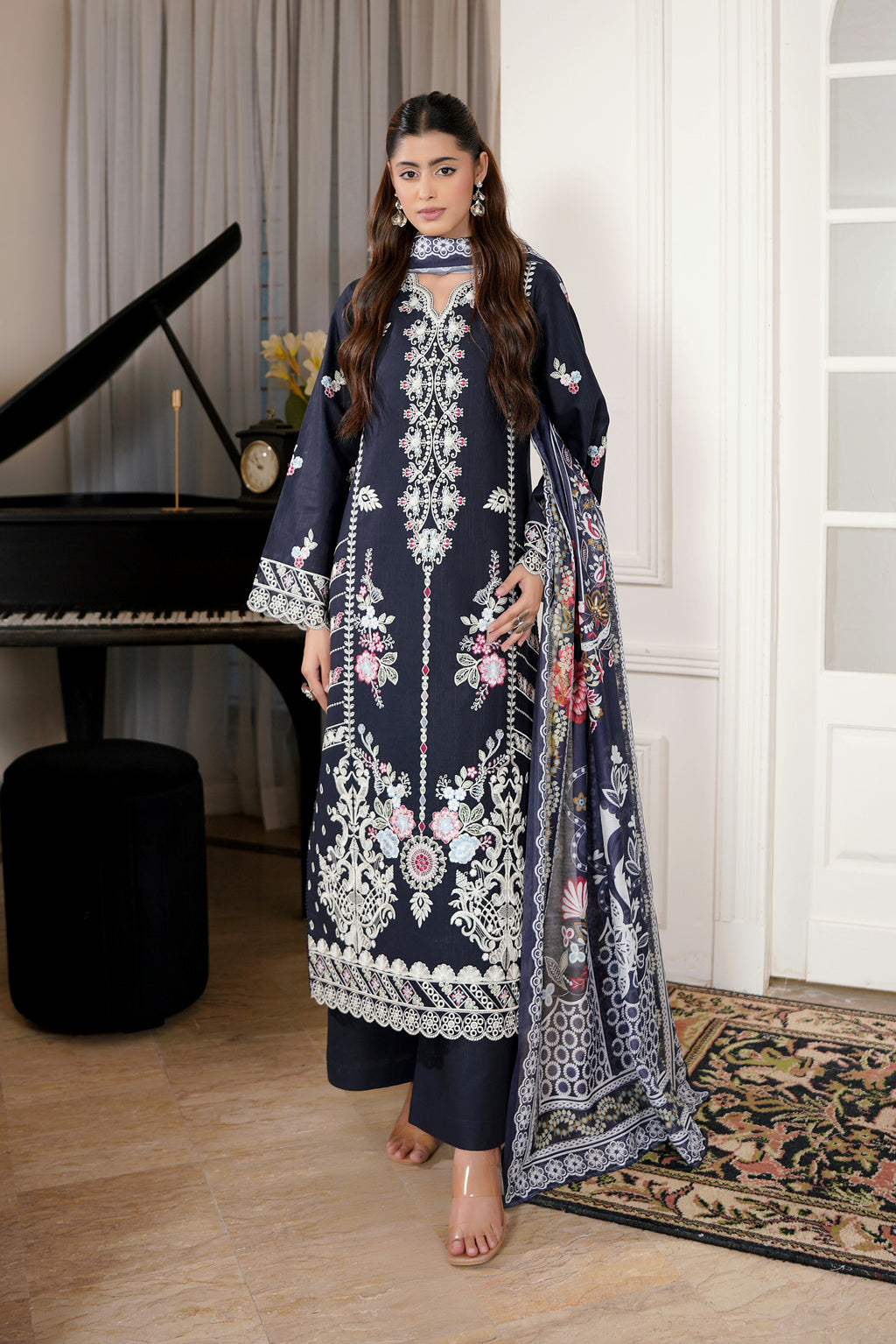 3 Piece Navy Botanical Khaddar Suit