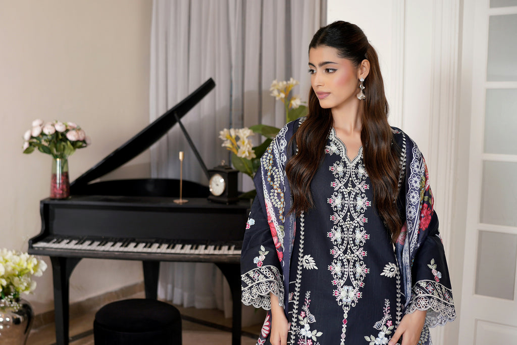 3 Piece Navy Botanical Khaddar Suit